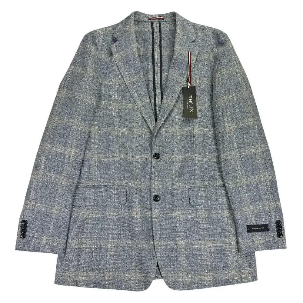 Tommy Hilfiger Mens TH Flex Gene Modern Fit Plaid Sport Coat Light Blue 40L